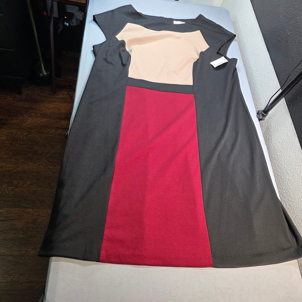 Dressbarn‎ Womens 20W Colorblock Sheath Dress Black Tan Burgundy Cap Sleeve New